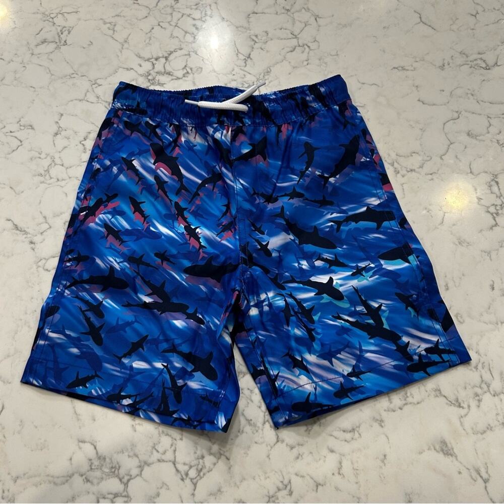 NWOT Lands End Cool Sharks‎ Print Blue Swim Trunks Size Small 6-7